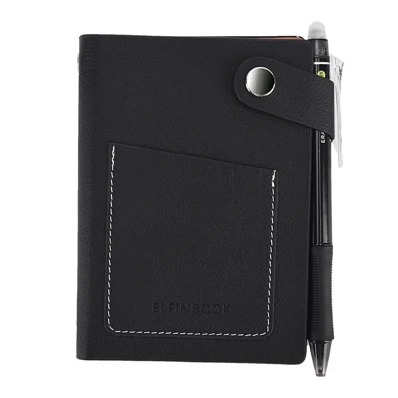 Black imitation leather repeatable writing paper notebook with stitched pocket and attached black pen