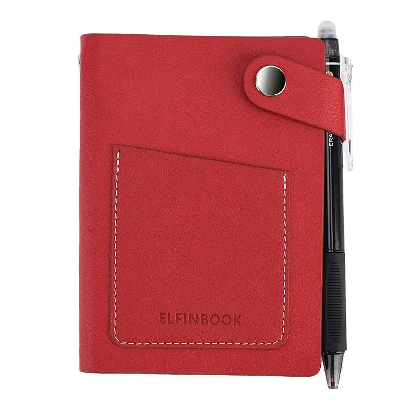 Red imitation leather cover of repeatable writing paper notebook with stitched front pocket and pen attached by snap closure
