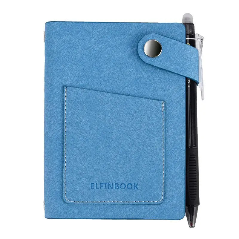 Blue imitation leather repeatable writing paper notebook with front pocket and attached black pen