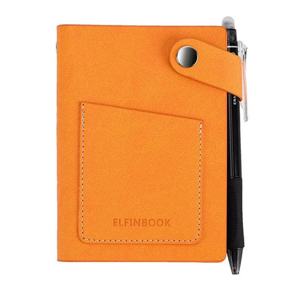 Orange imitation leather repeatable writing paper notebook with front pocket and attached black pen