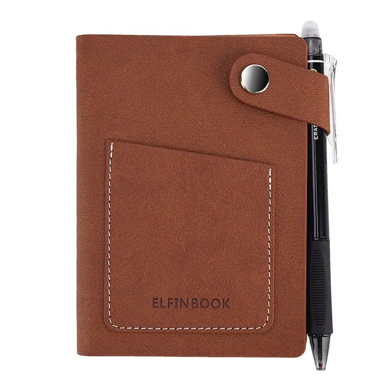 Brown imitation leather repeatable writing paper notebook with front pocket and black pen attached by snap button closure