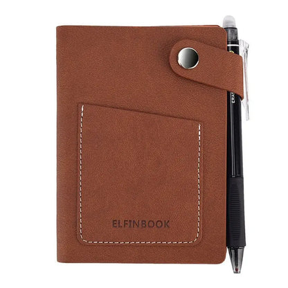 Brown imitation leather repeatable writing paper notebook with front pocket and black pen attached by snap button closure