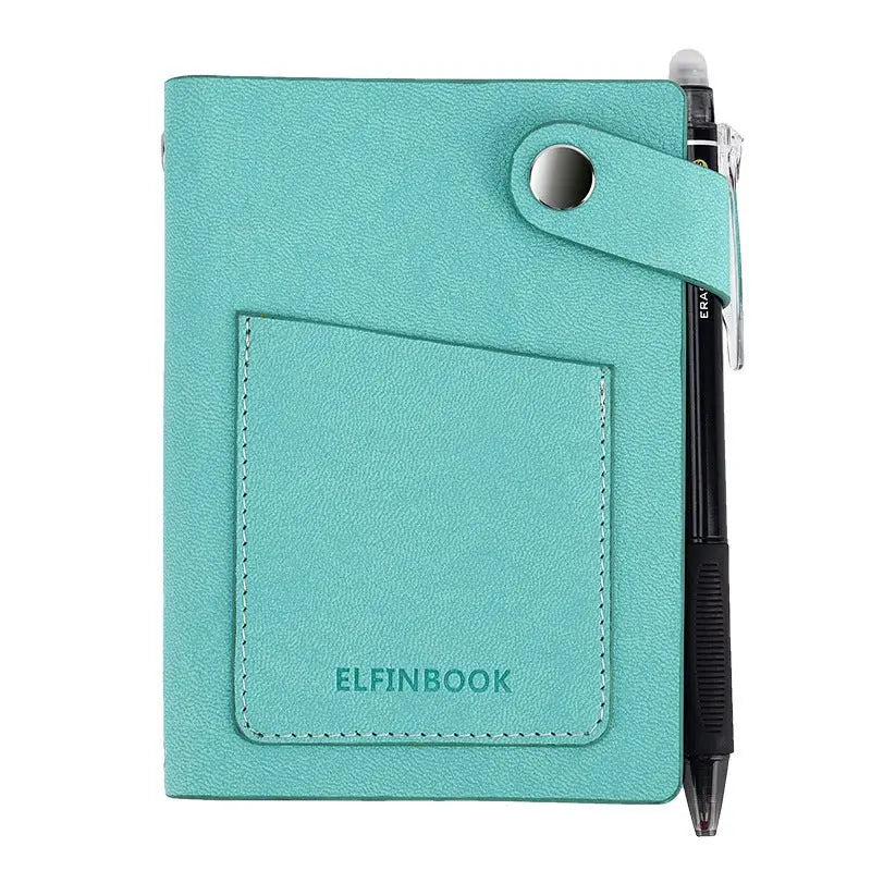 Front view of turquoise imitation leather reusable writing paper notebook with pen attached and small front pocket