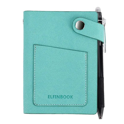 Front view of turquoise imitation leather reusable writing paper notebook with pen attached and small front pocket
