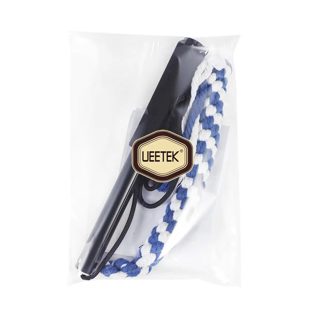Retractable dog flirt pole toy with black handle and blue and white braided rope in clear plastic packaging
