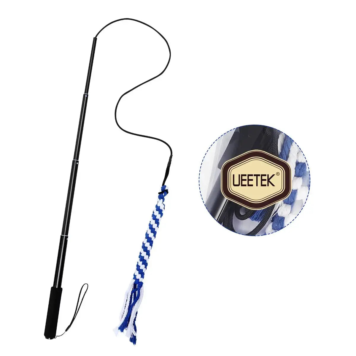 Retractable black flirt pole dog toy with extendable handle and blue white braided tail teaser rope attachment