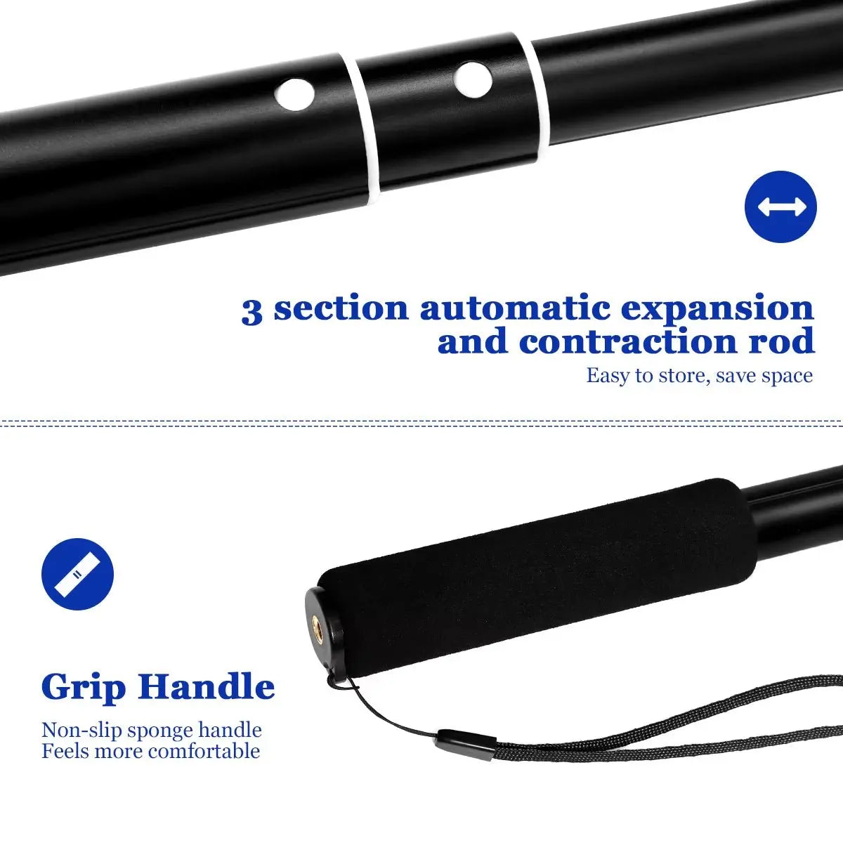 Close-up of retractable dog toy showing black three-section extendable rod and non-slip sponge grip handle with wrist strap