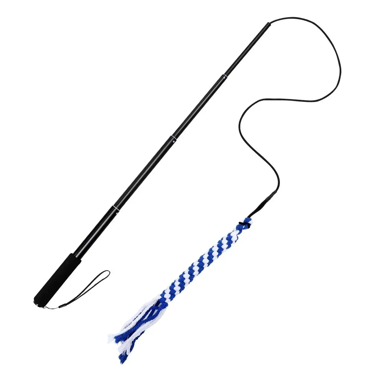Retractable black extendable dog flirt pole toy with blue and white braided tail teaser for pet exercise and play