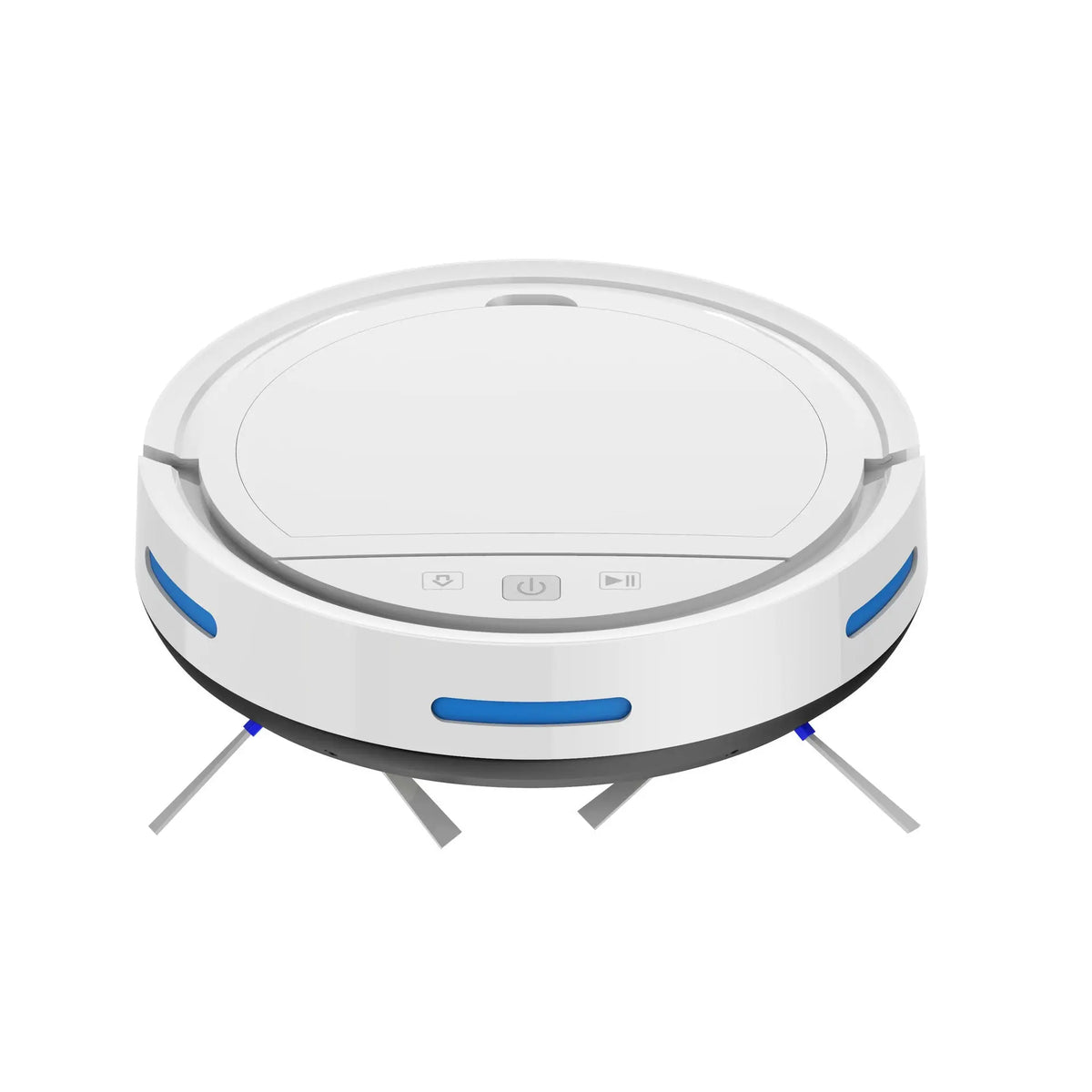 White robotic vacuum cleaner with automatic recharge featuring side brushes and control buttons on top