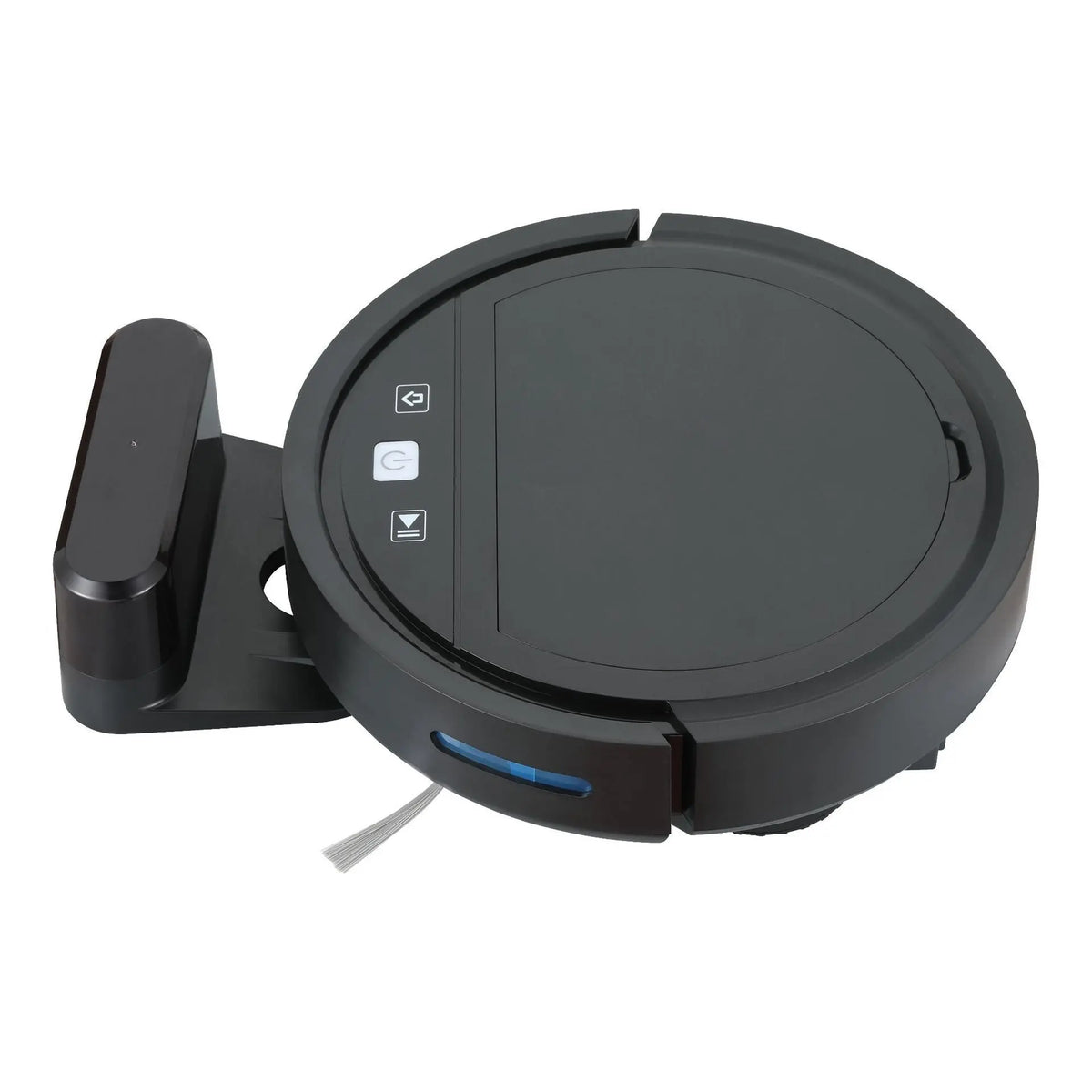 Top view of black robotic vacuum cleaner with automatic recharge dock and control buttons on white background