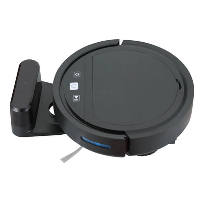 Top view of black robotic vacuum cleaner with automatic recharge dock and control buttons on white background