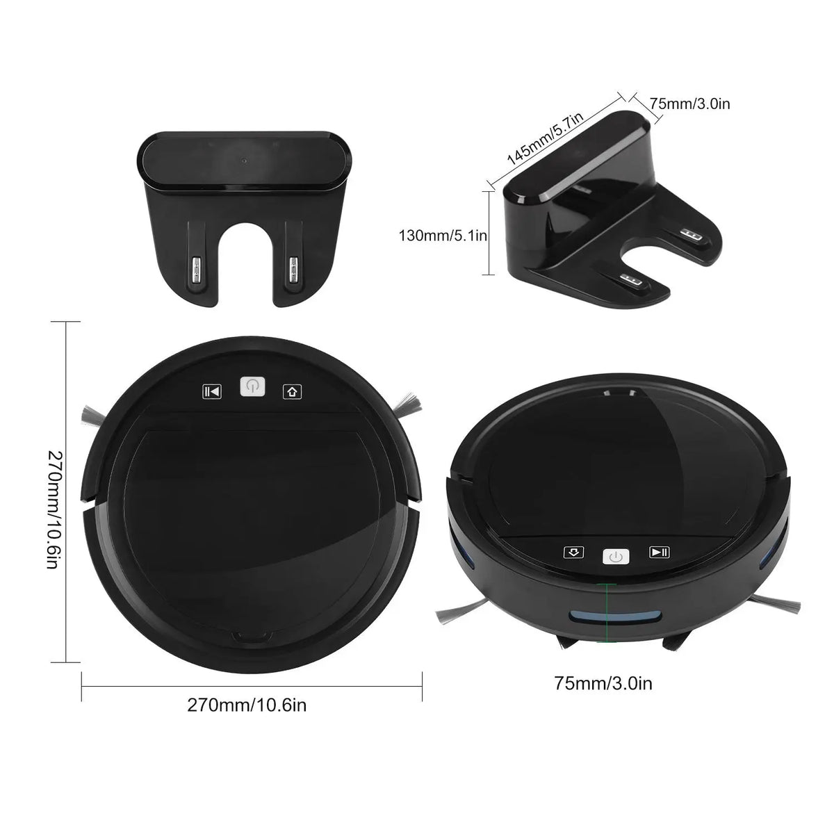 Black Robotic Vacuum Cleaner with automatic recharge dock showing top, side views, and dimensions in millimeters and inches