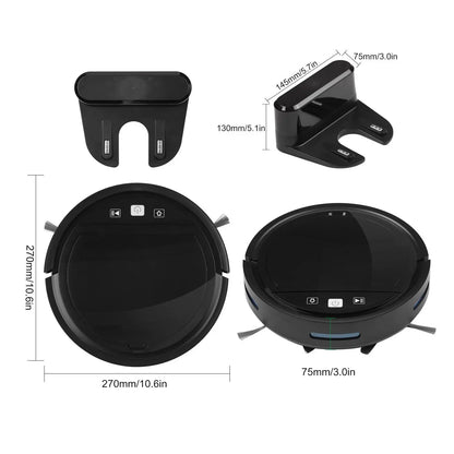 Black Robotic Vacuum Cleaner with automatic recharge dock showing top, side views, and dimensions in millimeters and inches