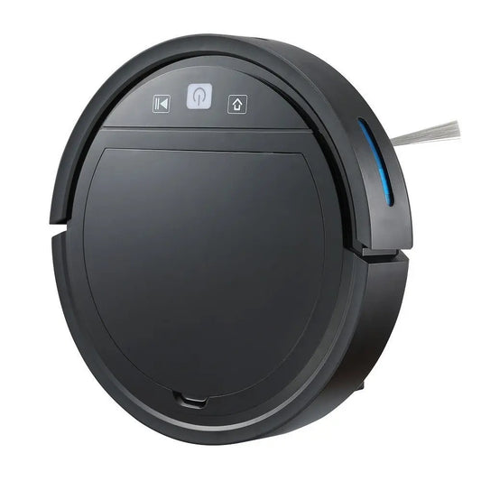 Black Robotic Vacuum Cleaner with automatic recharge feature and side brush for efficient floor cleaning