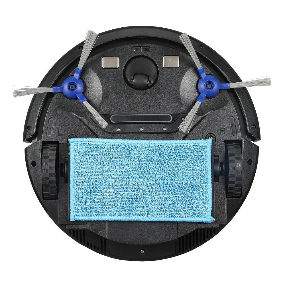 Bottom view of robotic vacuum cleaner with dual side brushes, wheels, and blue cleaning microfiber pad attached