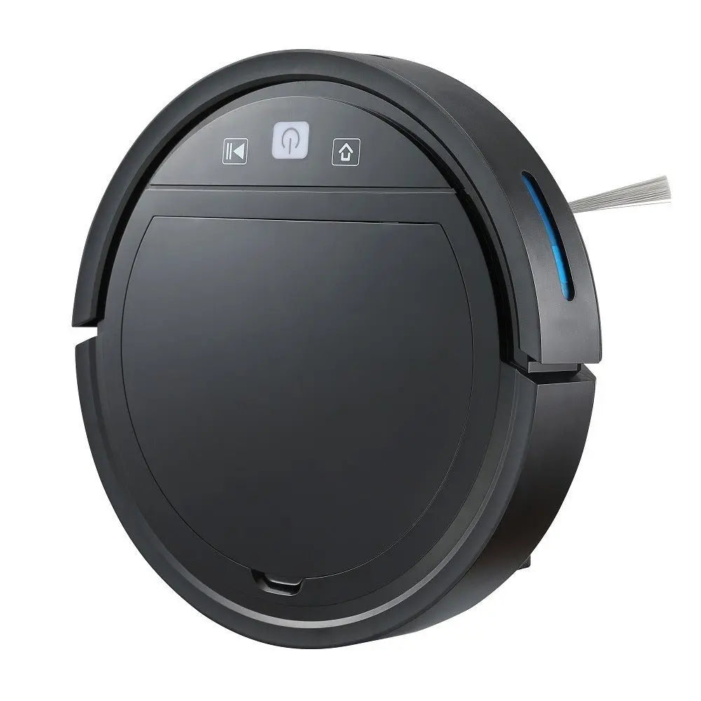 Black Robotic Vacuum Cleaner Automatic Recharge with circular design and control buttons on top surface