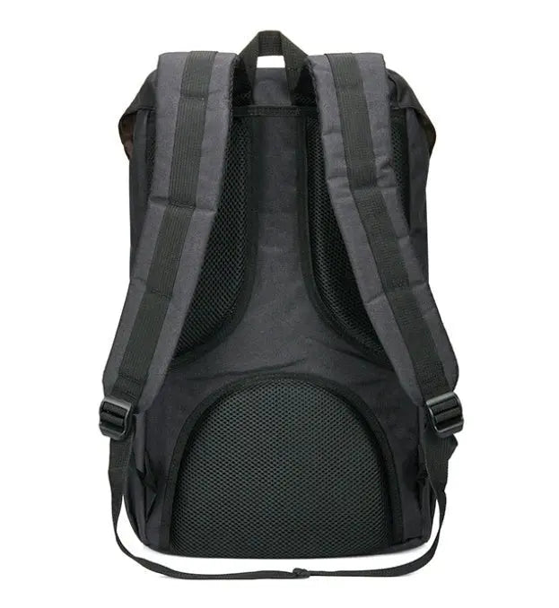 Back view of men's casual linen oxford backpack with padded adjustable shoulder straps and soft handle detail