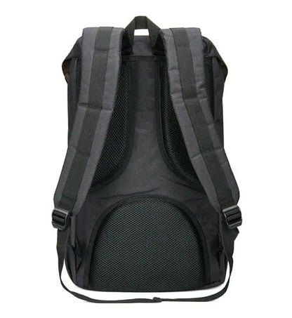 Back view of men's casual linen oxford backpack with padded adjustable shoulder straps and soft handle detail