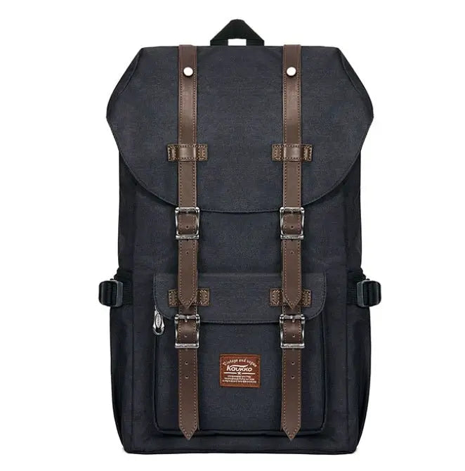 Black linen oxford cloth men's backpack with brown leather straps, flap cover, front pocket, and soft handle detail