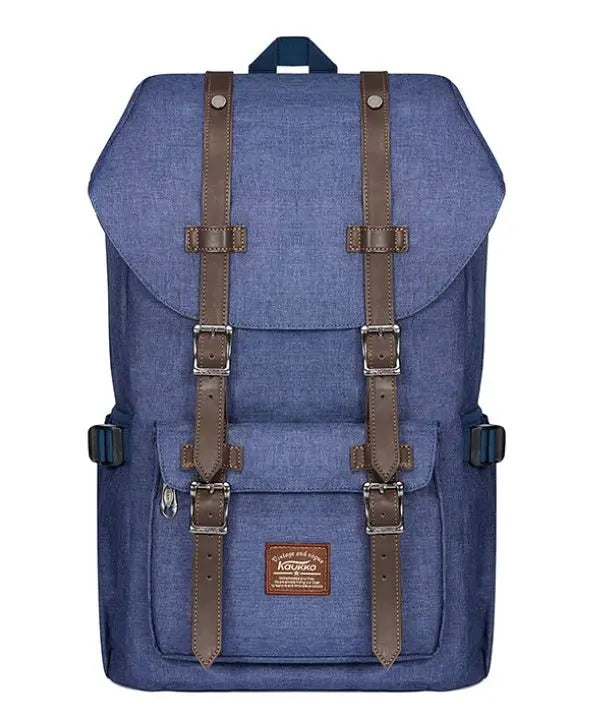 Front view of blue linen oxford cloth men's backpack with double brown buckle straps and front pocket