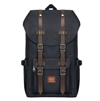 Front view of black linen oxford cloth men's backpack with double brown buckle straps and front pocket with zipper