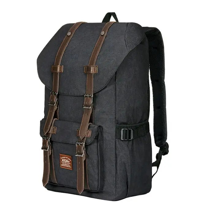 Casual men's backpack in dark grey linen oxford cloth with brown strap accents and front pocket with buckle closures