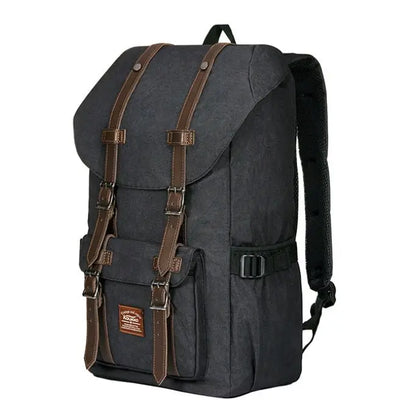 Casual men's backpack in dark grey linen oxford cloth with brown strap accents and front pocket with buckle closures