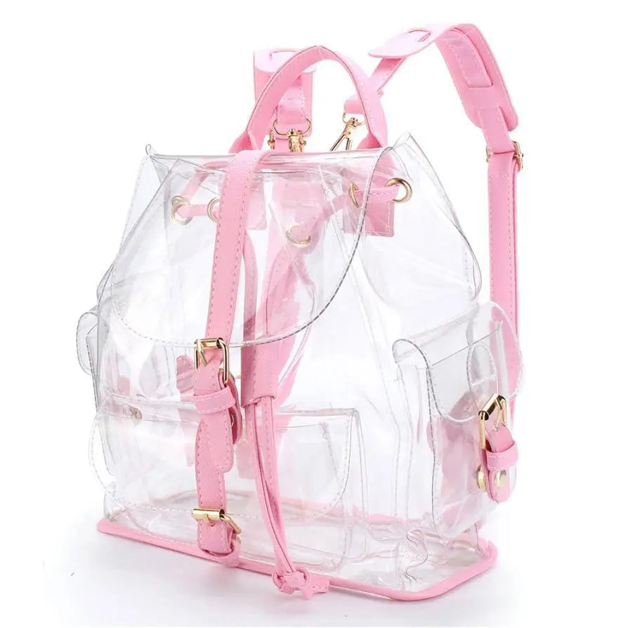 Transparent backpack with pink straps, gold-tone hardware, and a drawstring closure at the top