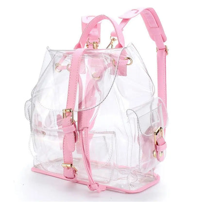 Transparent backpack with pink straps, gold-tone hardware, and a drawstring closure at the top