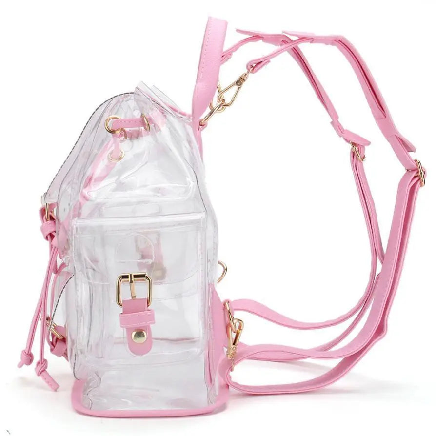Side view of transparent backpack with pink straps and gold-tone buckle and hardware details