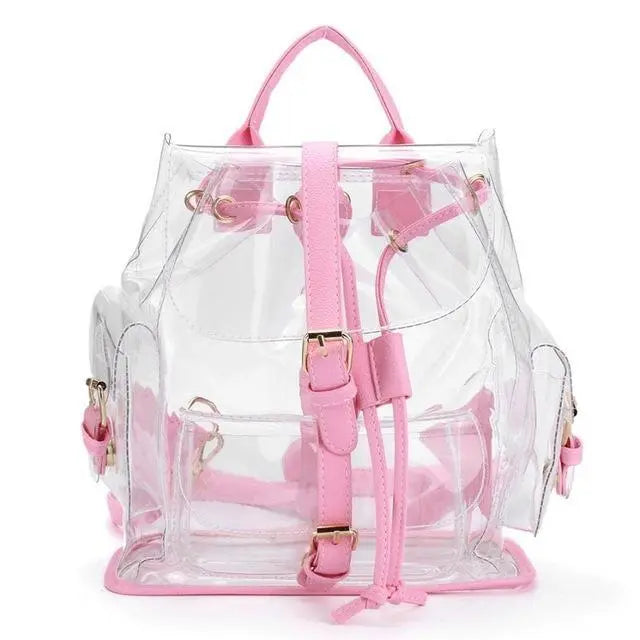 Transparent backpack with pink straps, buckle, and trim featuring front and side pockets and top handle