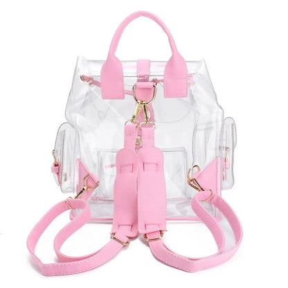 Clear backpack with pink leather straps, handles, side pockets, and gold-tone hardware details shown from back view