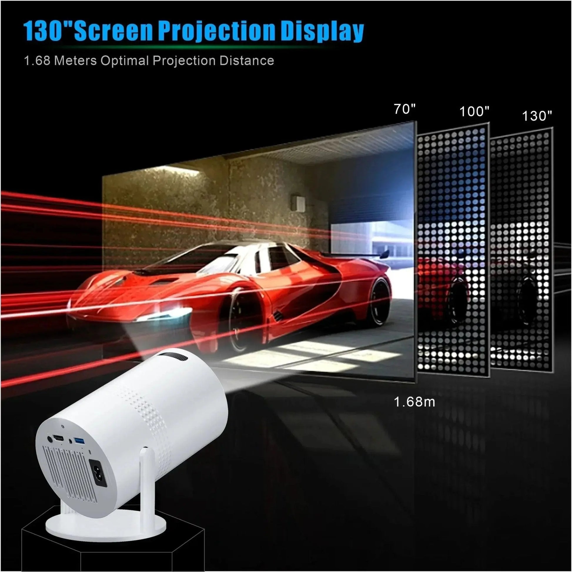 Salange P300 mini portable projector displaying 130-inch screen with 1.68 meters optimal projection distance