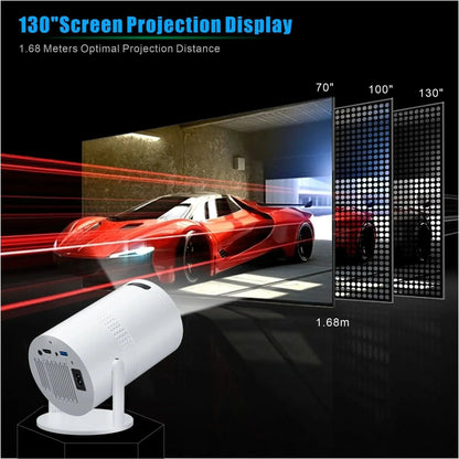 Salange P300 mini portable projector displaying 130-inch screen with 1.68 meters optimal projection distance