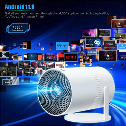White Salange P300 mini portable projector with native 720P and Android 11 streaming multiple entertainment apps icons floating above