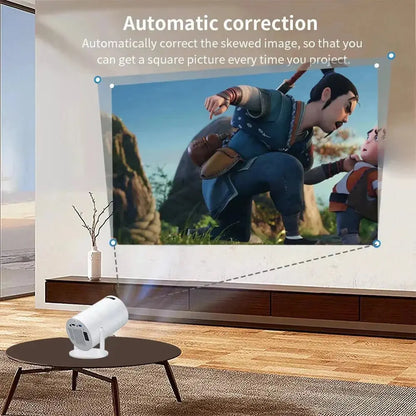 Salange P300 Mini Portable Projector on table projecting an animated movie with automatic image correction feature