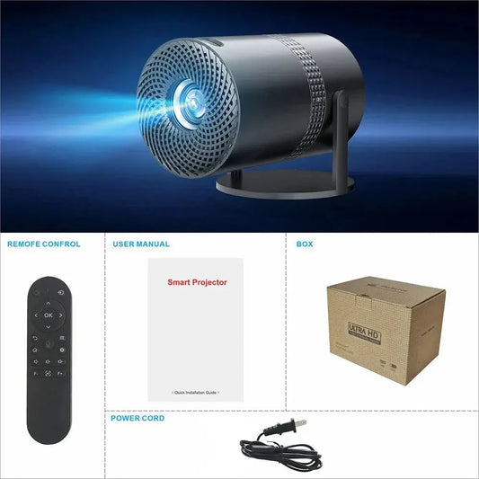 Salange P300 mini portable projector projecting blue light with remote, user manual, power cord, and packaging box displayed