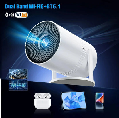 White Salange P300 mini portable projector angled with Wi-Fi 6 and Bluetooth 5.1 icons and connected devices below