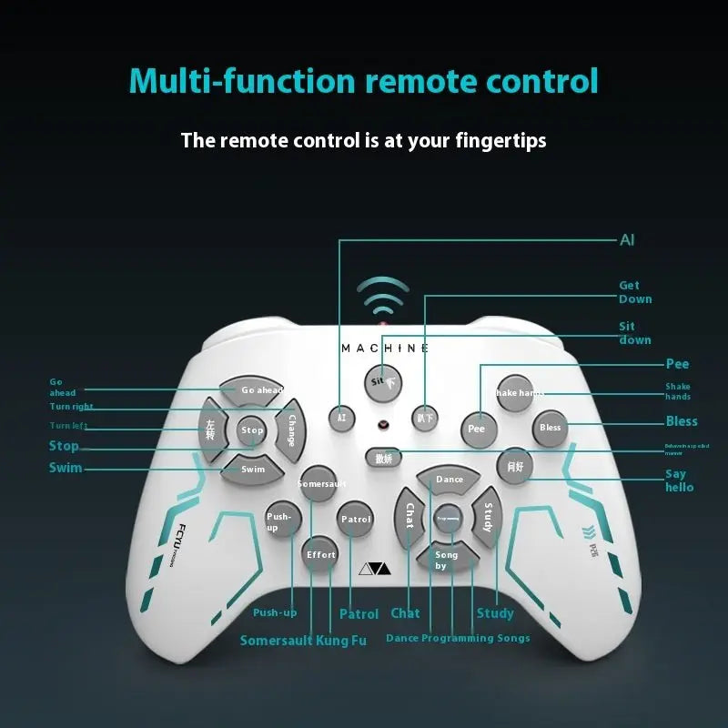 White multi-function remote control for AI robot dog with labeled buttons for movement, tricks, and voice commands