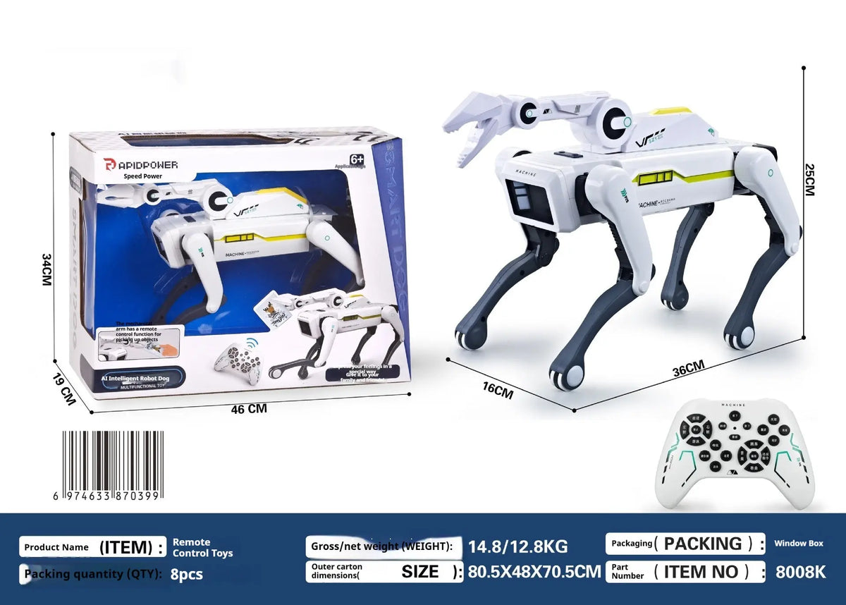 White and black high-tech simulation intelligence robot dog with remote control and packaging box dimensions displayed