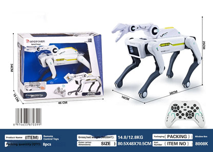 White and black high-tech simulation intelligence robot dog with remote control and packaging box dimensions displayed