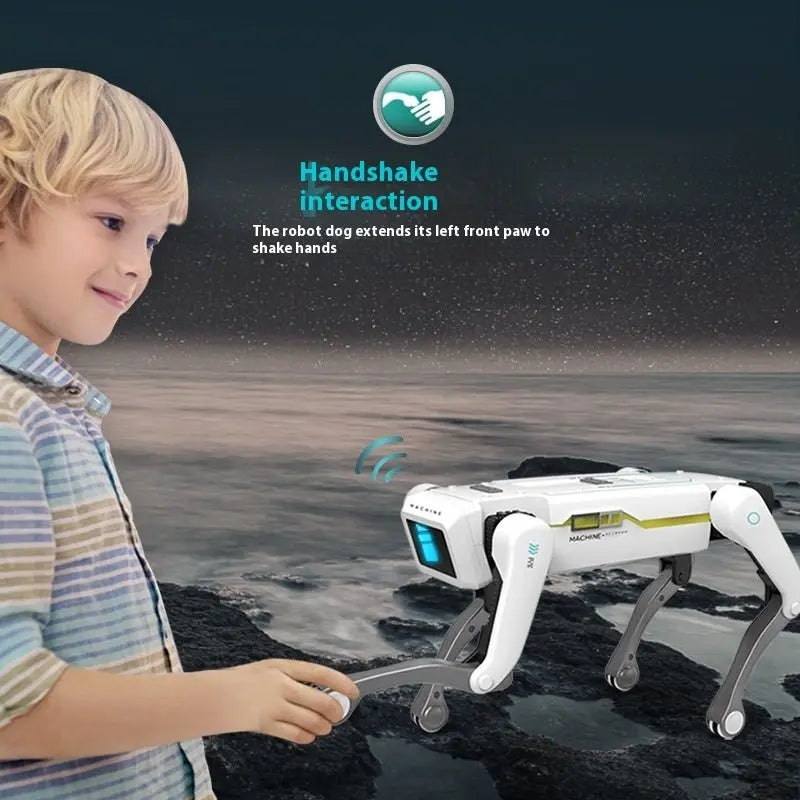 Young boy interacting with white simulation intelligence robot dog extending front paw for handshake outdoors