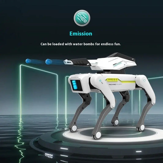 White and grey high-tech robot dog with water bomb launcher on its back in futuristic digital environment