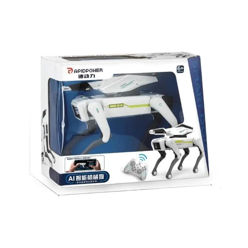 White AI simulation robot dog toy with voice dialogue and remote control in gift box packaging
