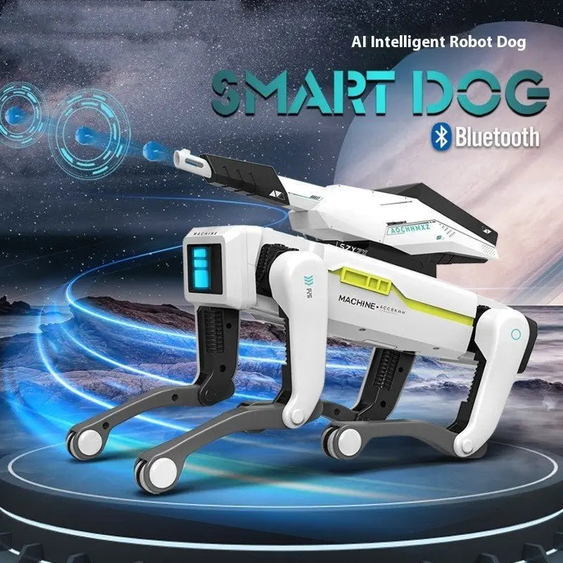 White and black AI intelligent robot dog with blue accents and Bluetooth symbol in futuristic space setting