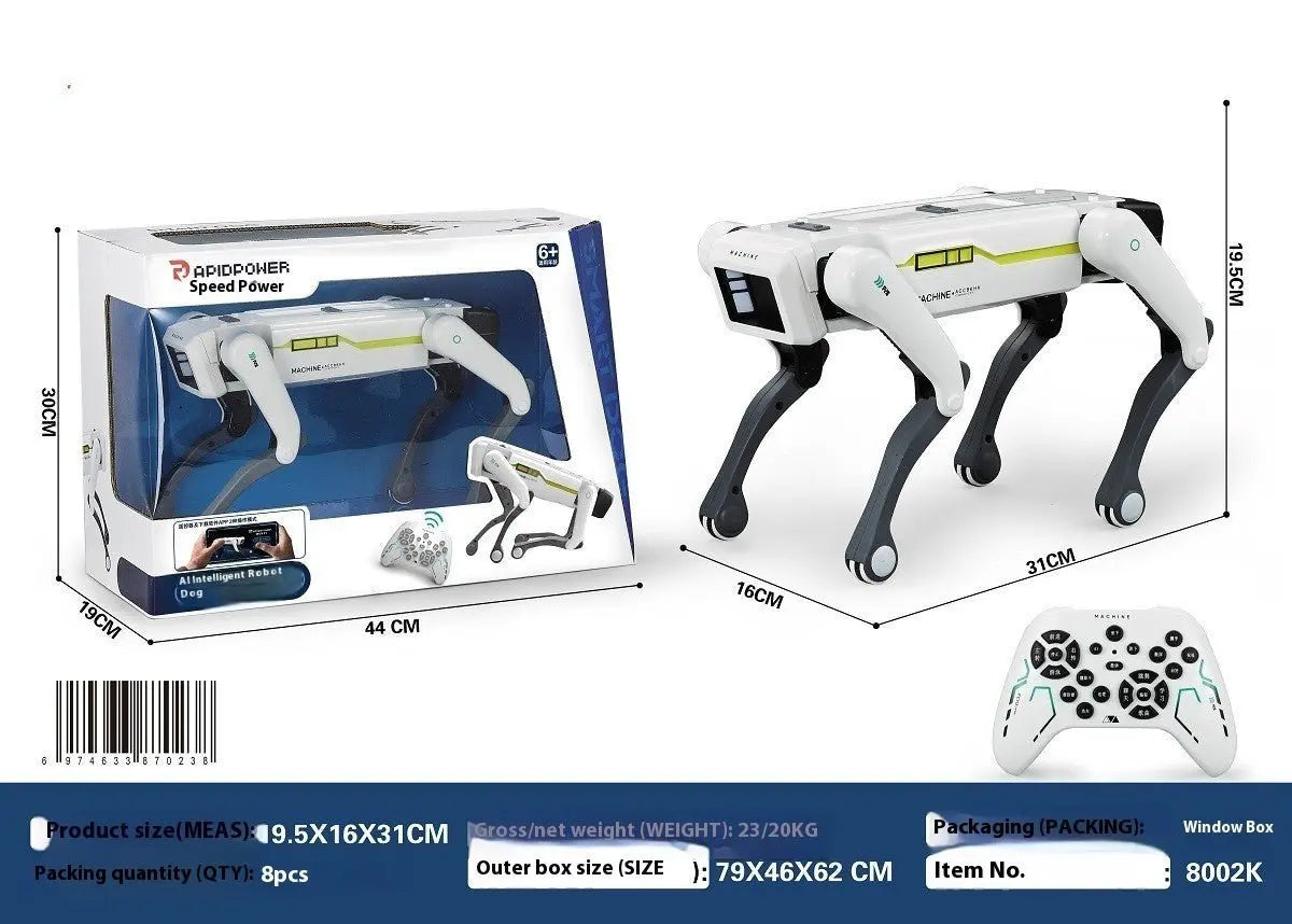High-tech white simulation intelligence robot dog with remote control and blue window box packaging dimensions shown
