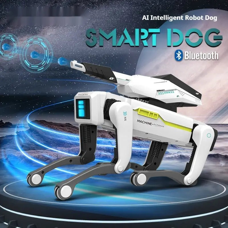 AI intelligent robot dog in white and black with blue digital eyes and Bluetooth connectivity on futuristic space background