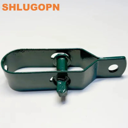 Close-up of green SLGP metal wire tensioner tightener tool for heavy duty fence wire and rope adjustment