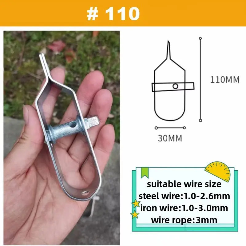 Hand holding SLGP metal wire tensioner tightener tool with dimensions and wire size specifications diagram