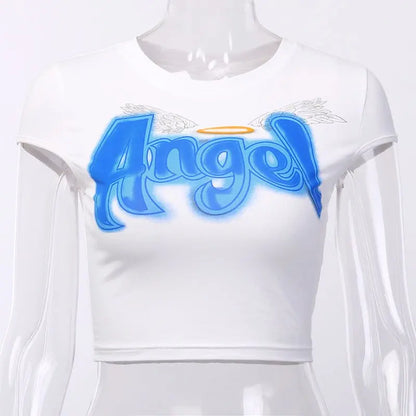 White slim fit short sleeve crop top with blue "Angel" print and subtle wing and halo graphic details